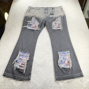 Rebel Vengeance Stacked Jeans Men 
44x34 Grey Distressed Wide Leg Baggy Y2K